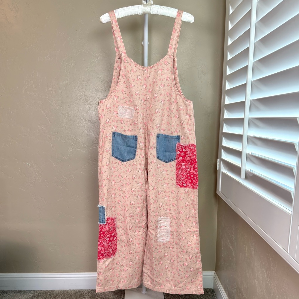 Pol Patchwork Floral Overalls Size Medium Wide Le… - image 6
